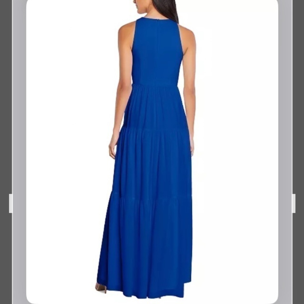 AIDAN BY AIDAN MATTOX Crossover Halter Cutout Tiered Chiffon Gown in True Blue - Picture 2 of 3